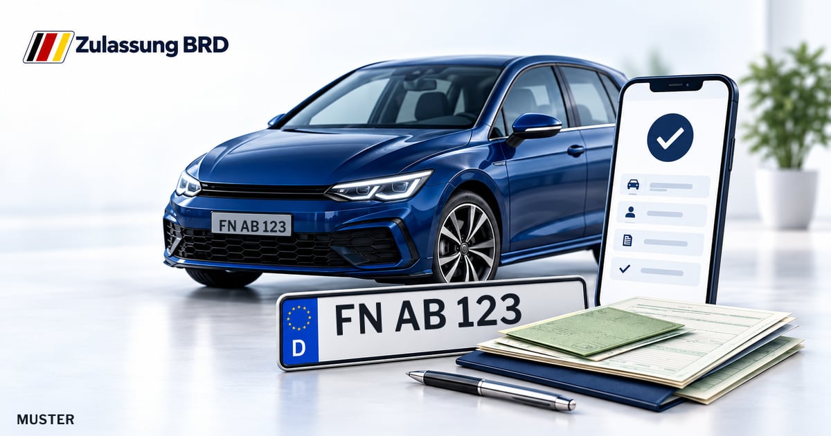 Online Fahrzeugzulassung in Friedrichshafen: Musterkennzeichen FN AB 123, Auto und Fahrzeugpapiere und Smartphone. Illustration mit Logo von Zulassung BRD.